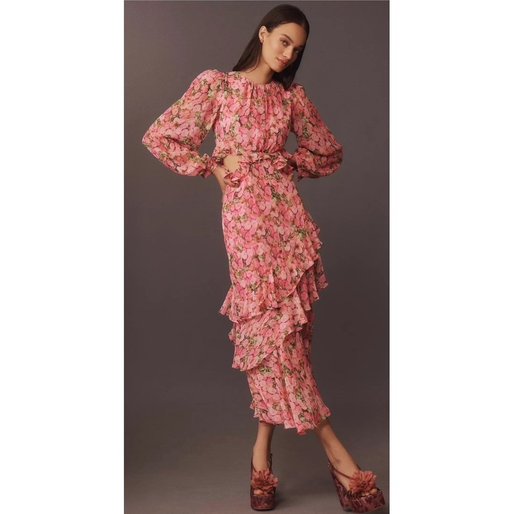 Anthropologie Pink Floral Midi Dress Engagement Wedding Size M Cutout Ruffles